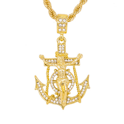Iced Medium Mariners Cross Pendant with 4mm Rope Chain 24" - HC-1075