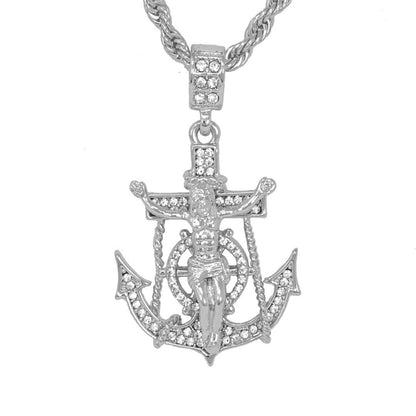 Iced Medium Mariners Cross Pendant with 4mm Rope Chain 24" - HC-1075