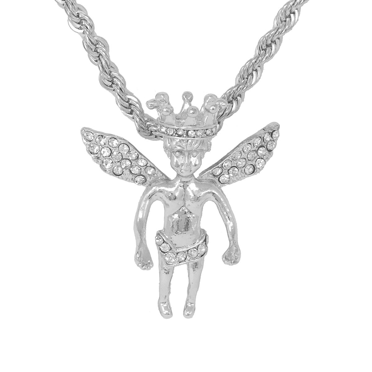 Iced Medium Angel Pendant with 4mm Rope Chain 24" - HC-1076*