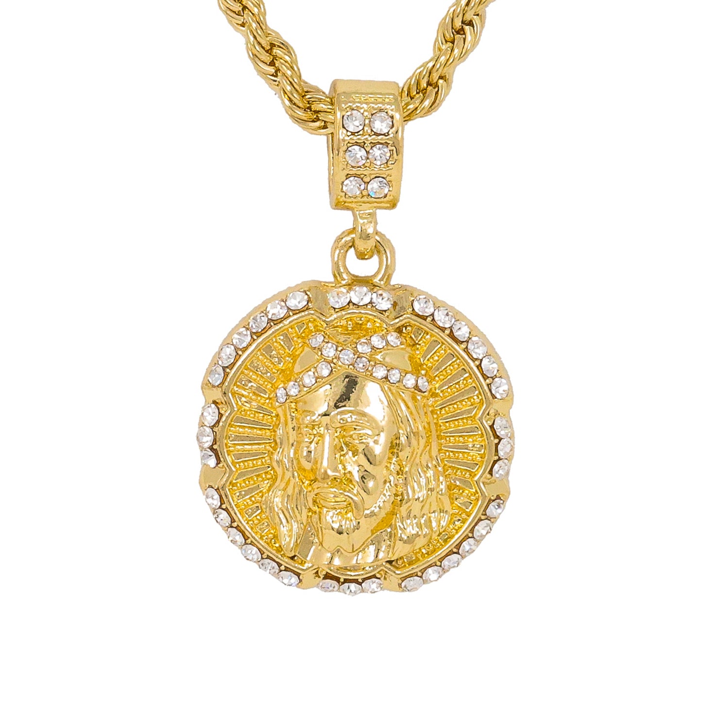 Iced Medium Jesus Pendant with 4mm Rope Chain 24" - HC-1081*