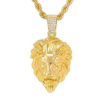 Iced Medium Lion Pendant with 4mm Rope Chain 24" - HC-1084