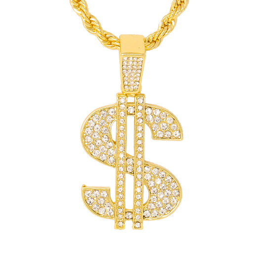 Iced Medium Money Pendant with 4mm Rope Chain 24" - HC-1087