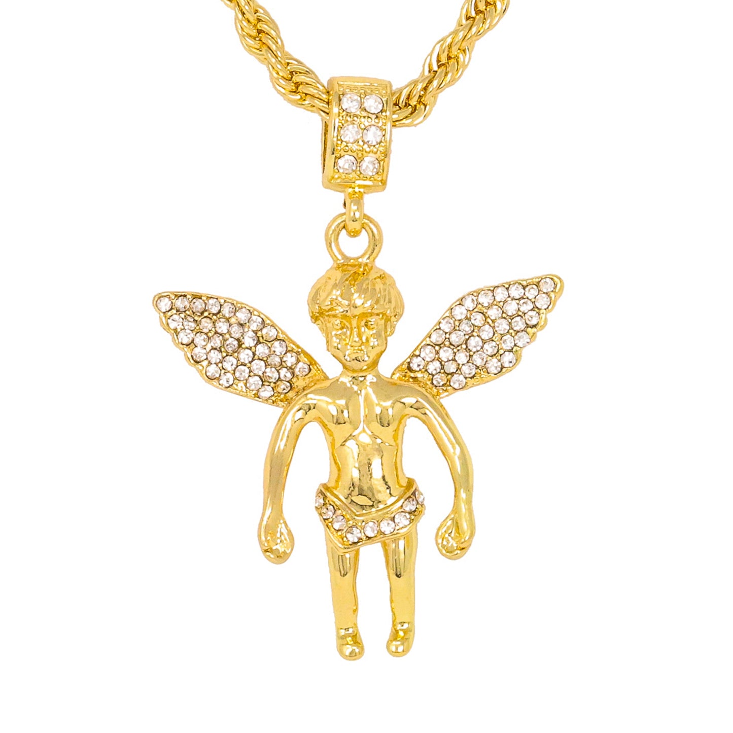 Iced Medium Angel Pendant with 4mm Rope Chain 24" - HC-1089*