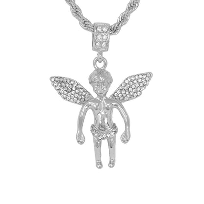 Iced Medium Angel Pendant with 4mm Rope Chain 24" - HC-1089*