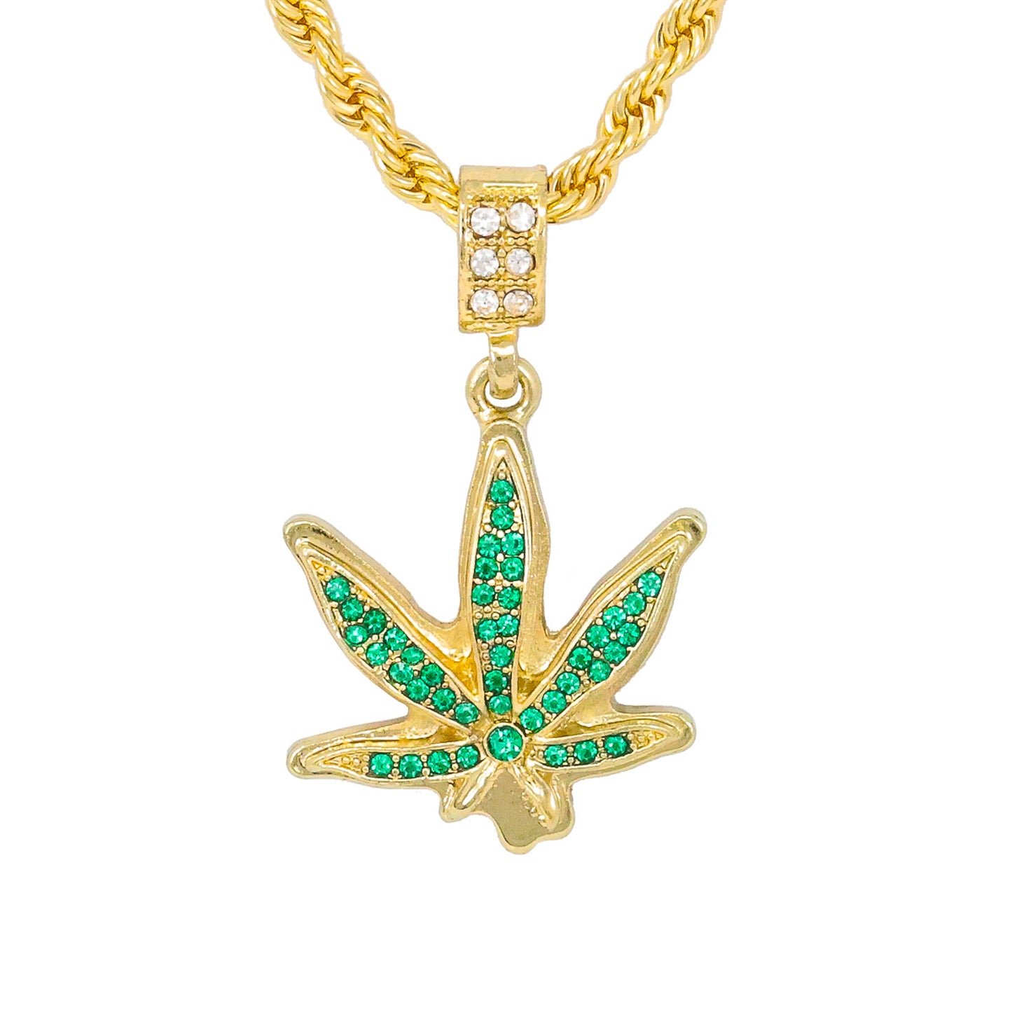 Iced Medium Leaf Pendant with 4mm Rope Chain 24" - HC-1090