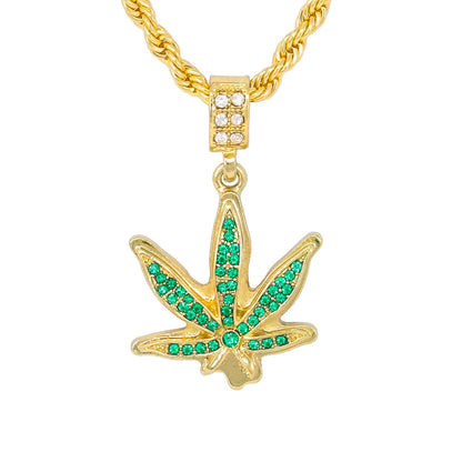 Iced Medium Leaf Pendant with 4mm Rope Chain 24" - HC-1090