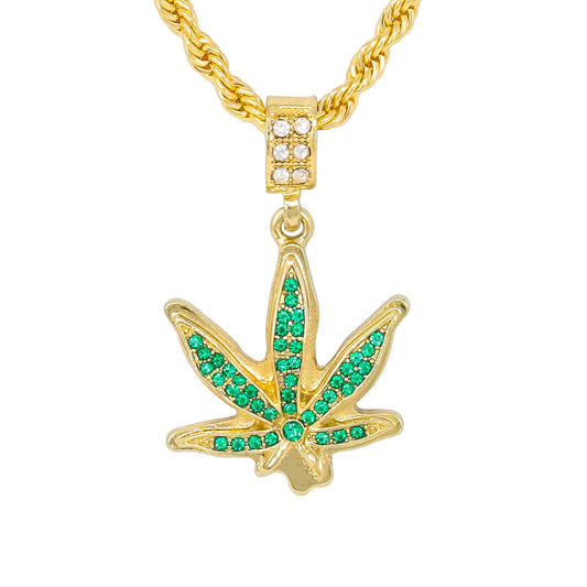 Iced Medium Leaf Pendant with 4mm Rope Chain 24" - HC-1090