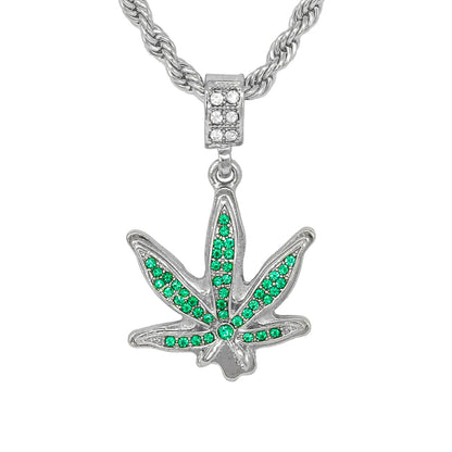 Iced Medium Leaf Pendant with 4mm Rope Chain 24" - HC-1090