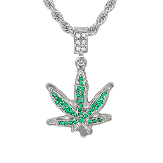 Iced Medium Leaf Pendant with 4mm Rope Chain 24" - HC-1090