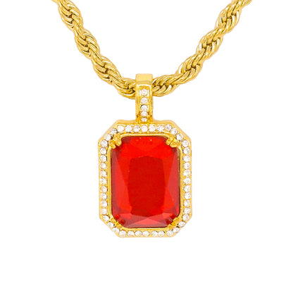 Iced Medium Ruby Stone Pendant with 4mm Rope Chain 24" - HC-1105