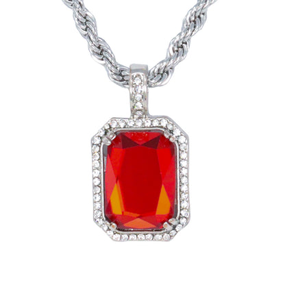 Iced Medium Ruby Stone Pendant with 4mm Rope Chain 24" - HC-1105