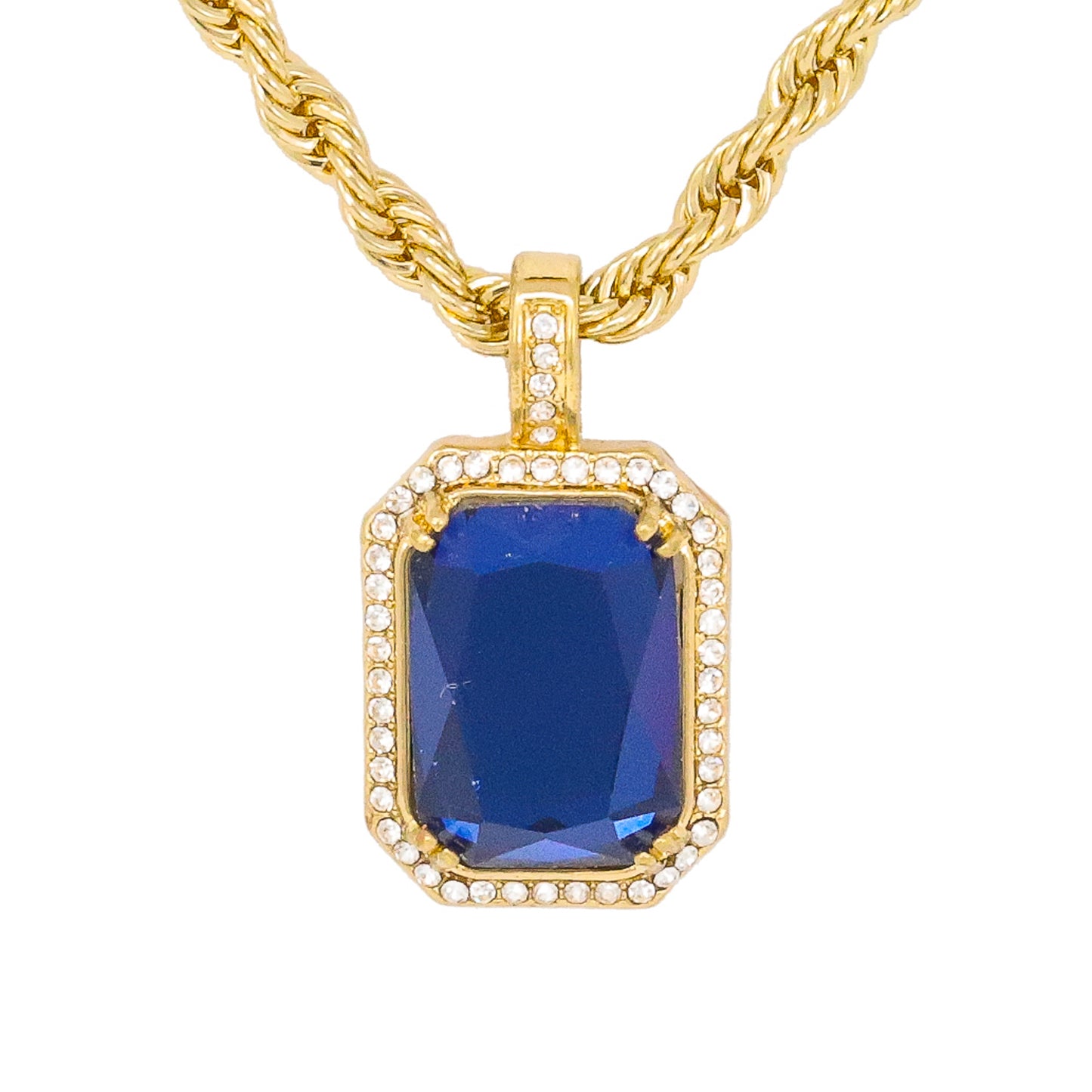 Iced Medium Blue Stone Pendant with 4mm Rope Chain 24" - HC-1107*