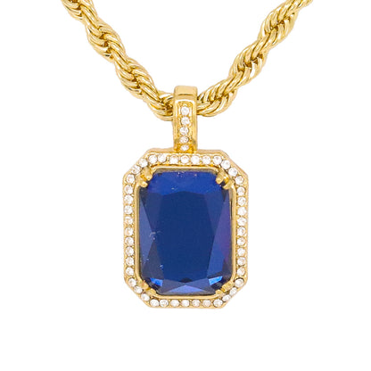 Iced Medium Blue Stone Pendant with 4mm Rope Chain 24" - HC-1107*