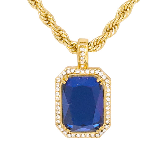 Iced Medium Blue Stone Pendant with 4mm Rope Chain 24" - HC-1107*