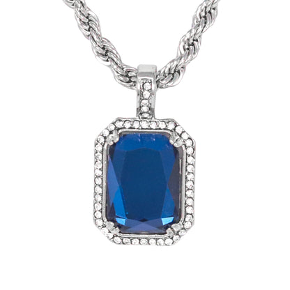 Iced Medium Blue Stone Pendant with 4mm Rope Chain 24" - HC-1107*