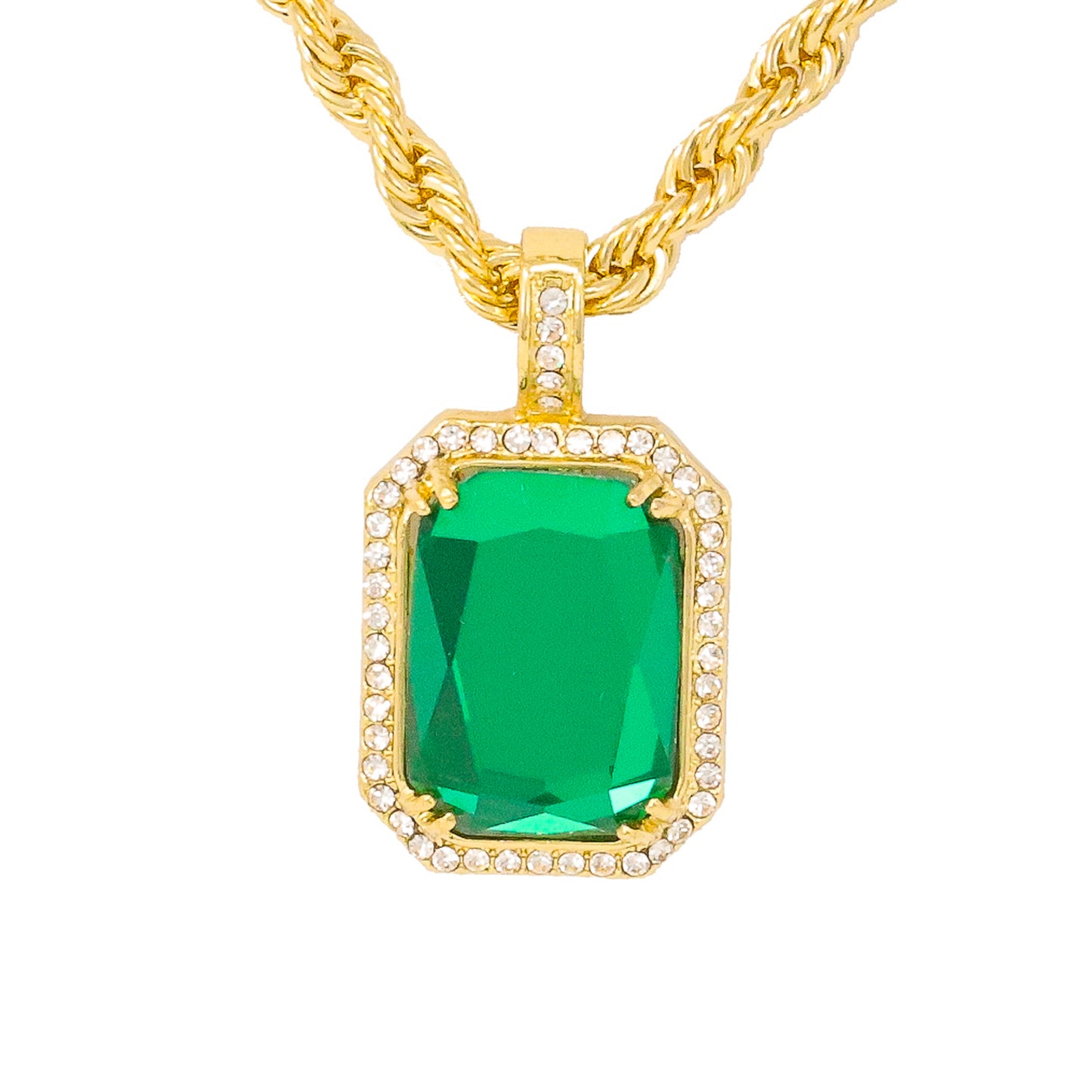 Iced Medium Green Amulet Pendant with 4mm Rope Chain 24" - HC-1108*