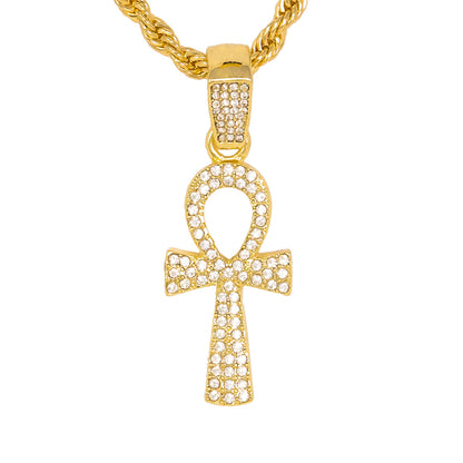 Iced Medium Ankh Cross Pendant with 4mm Rope Chain 24" - HC-1114