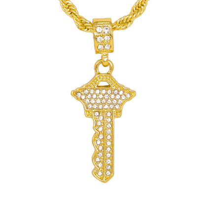 Iced Medium Key Pendant with 4mm Rope Chain 24" - HC-1115*