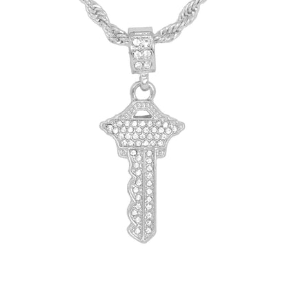 Iced Medium Key Pendant with 4mm Rope Chain 24" - HC-1115*