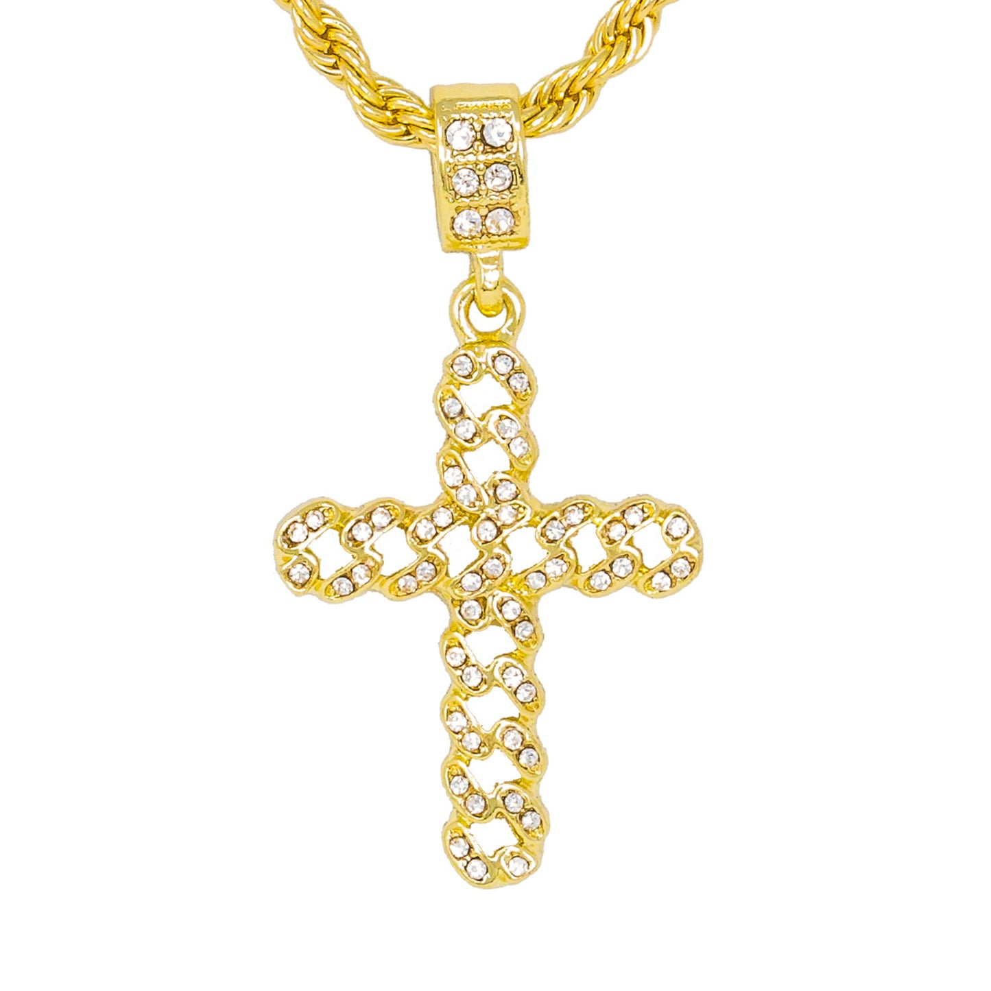 Iced Medium Cross Pendant with 4mm Rope Chain 24" - HC-1122*