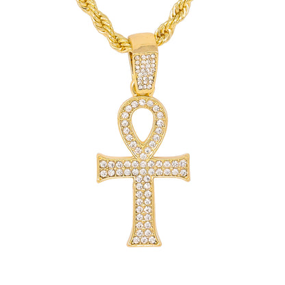 Iced Medium Ankh Cross Pendant with 4mm Rope Chain 24" - HC-1135