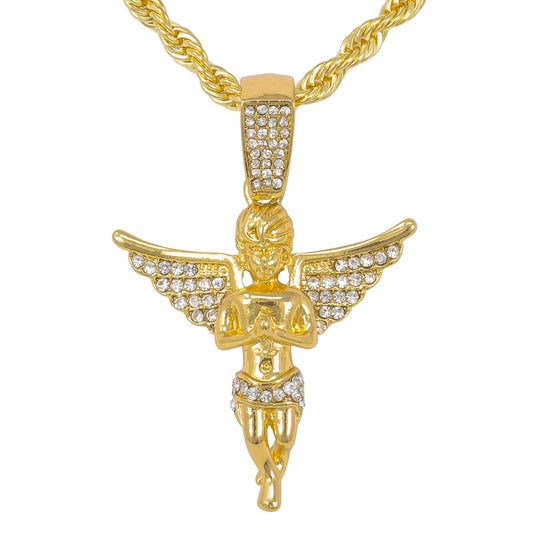 Iced Medium Angel Pendant with 4mm Rope Chain 24" - HC-1152