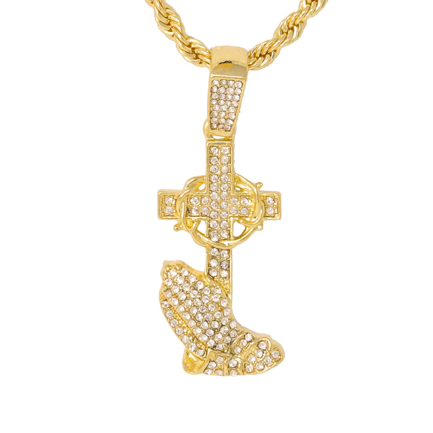 Iced Medium Praying Hands Pendant with 4mm Rope Chain 24" - HC-1155