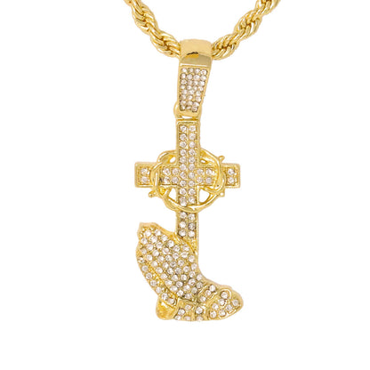 Iced Medium Praying Hands Pendant with 4mm Rope Chain 24" - HC-1155