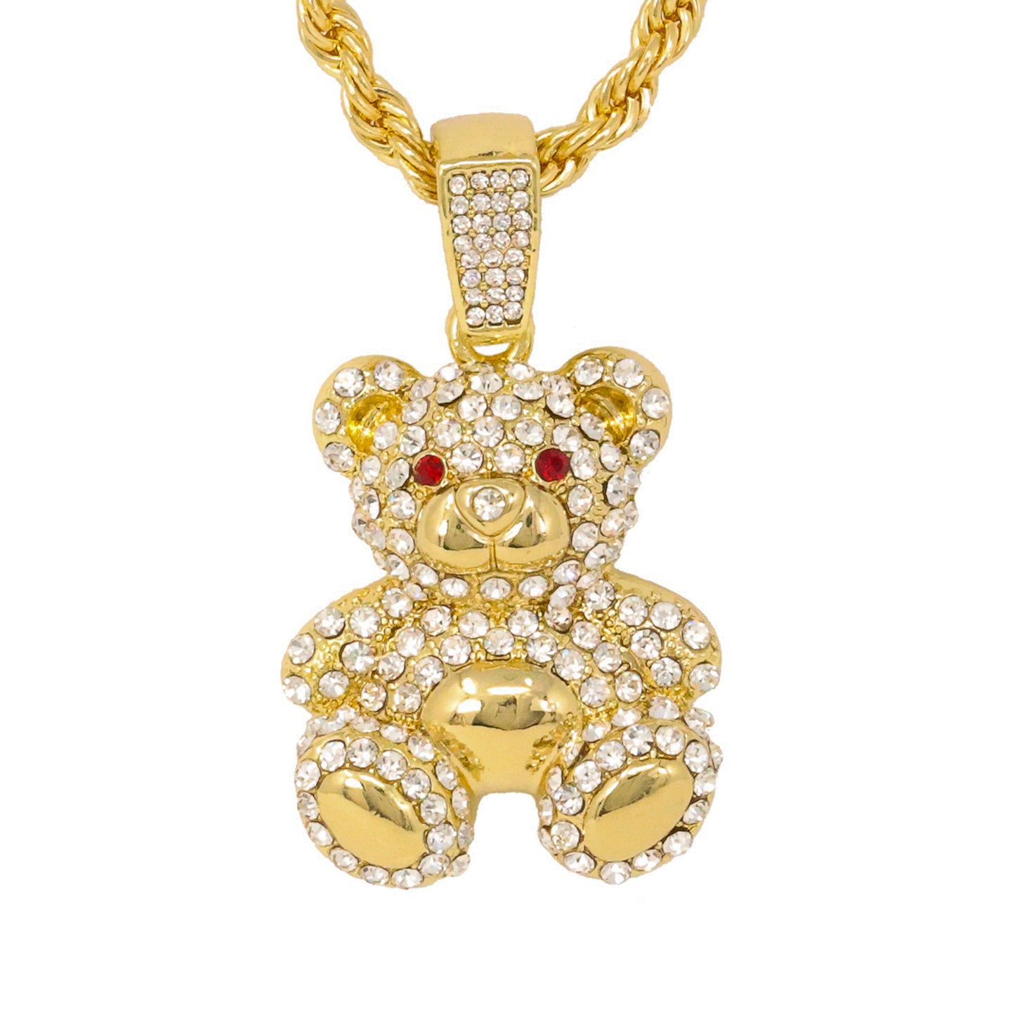 Iced Medium Teddy Bear Pendant with 4mm Rope Chain 24" - HC-1157