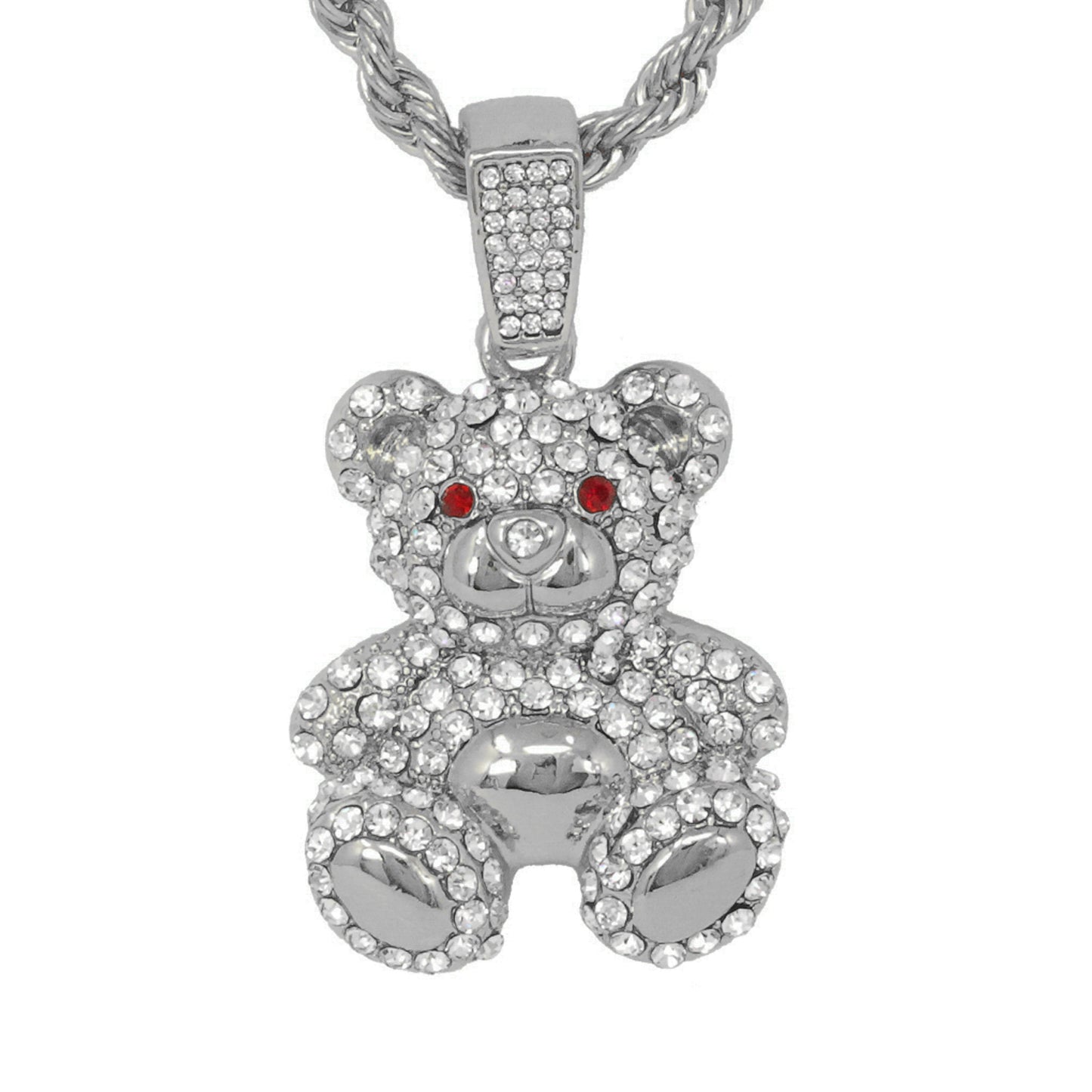 Iced Medium Teddy Bear Pendant with 4mm Rope Chain 24" - HC-1157