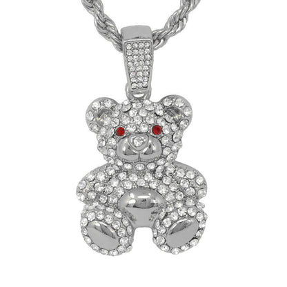 Iced Medium Teddy Bear Pendant with 4mm Rope Chain 24" - HC-1157
