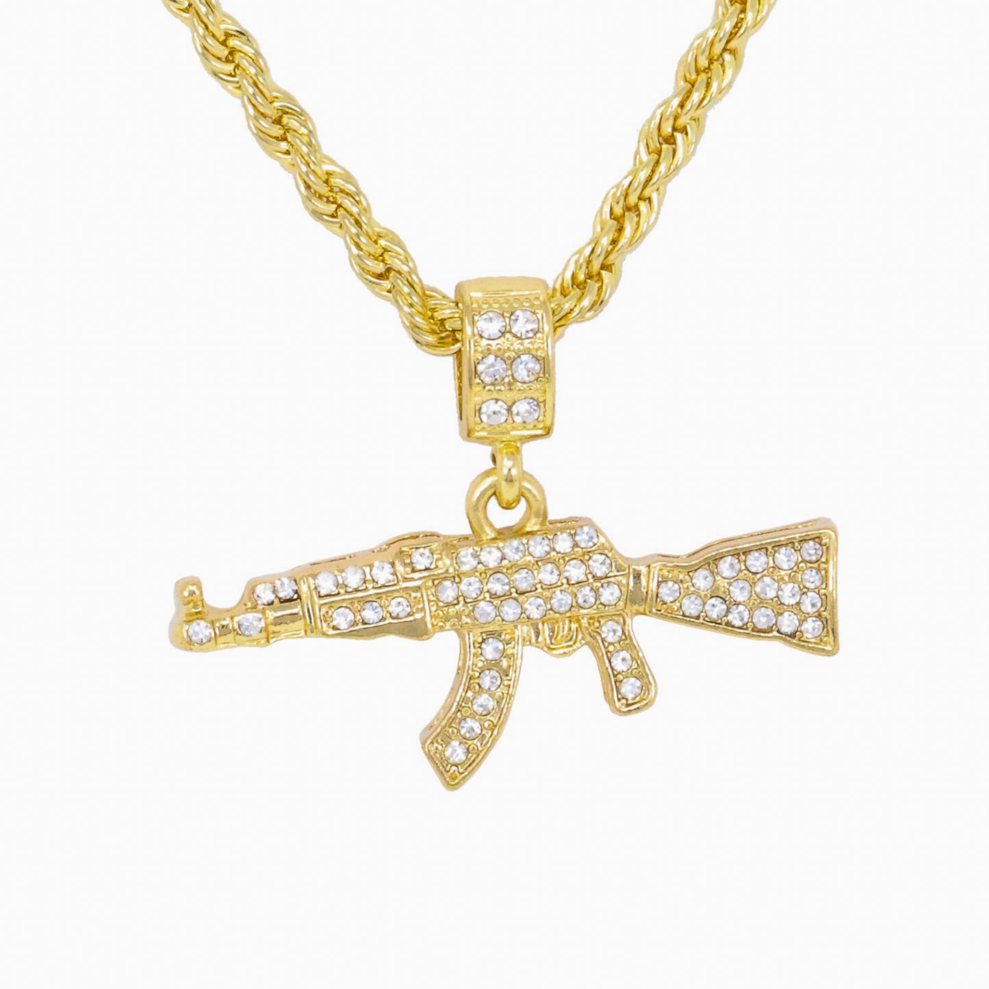 Iced Medium Gun Pendant with 4mm Rope Chain 24" - HC-1164