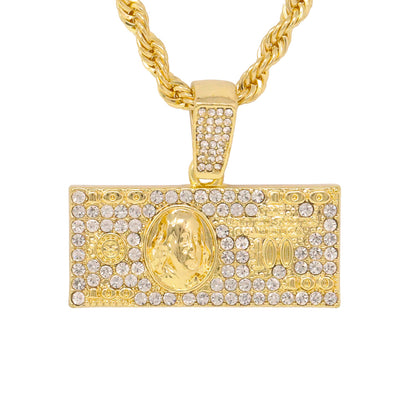 Iced Medium $100 Bill Pendant with 4mm Rope Chain 24" - HC-1171