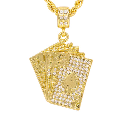 Iced Medium Royal Flush Pendant with 4mm Rope Chain 24" - HC-1173