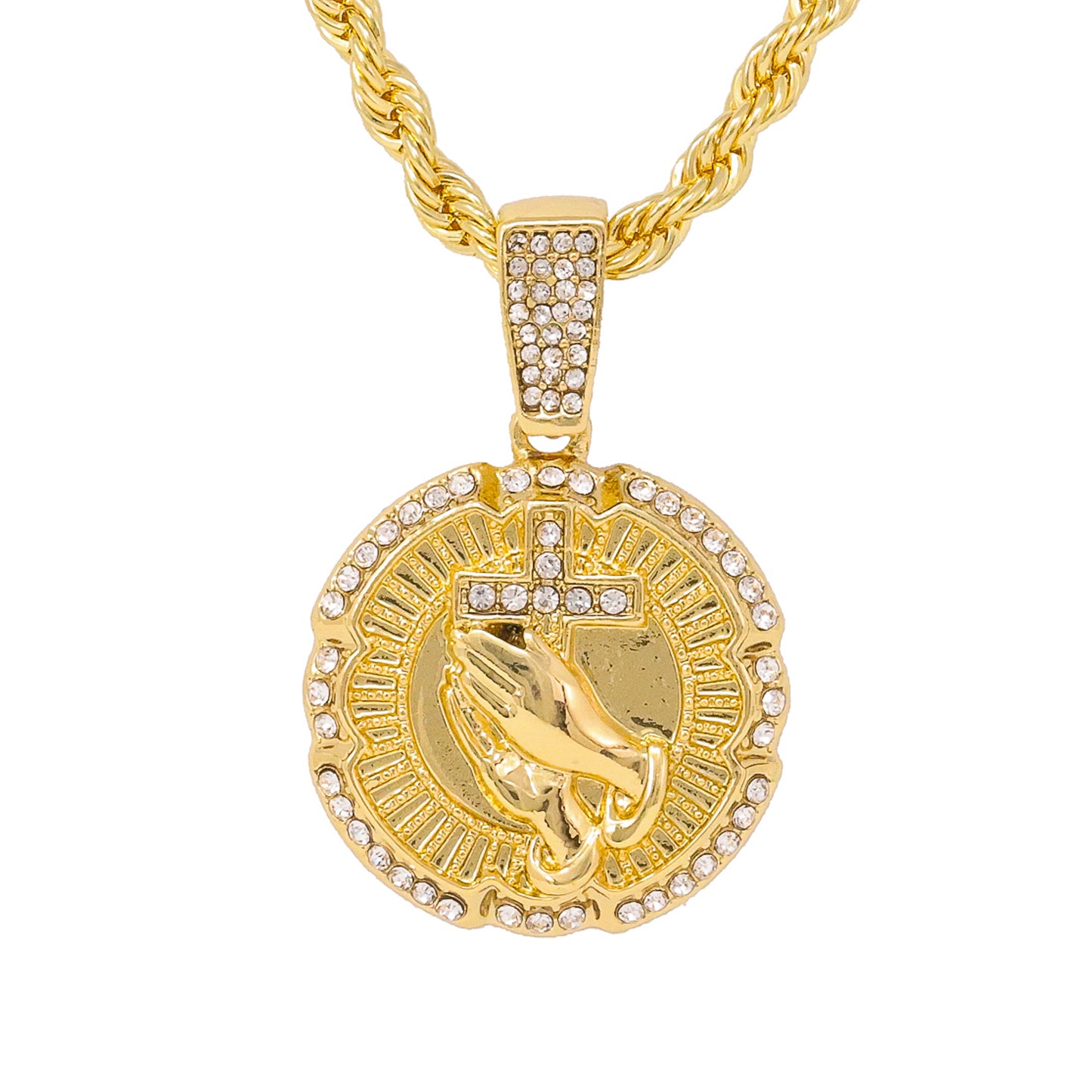 Iced Medium Praying Hands Pendant with 4mm Rope Chain 24" - HC-1185*
