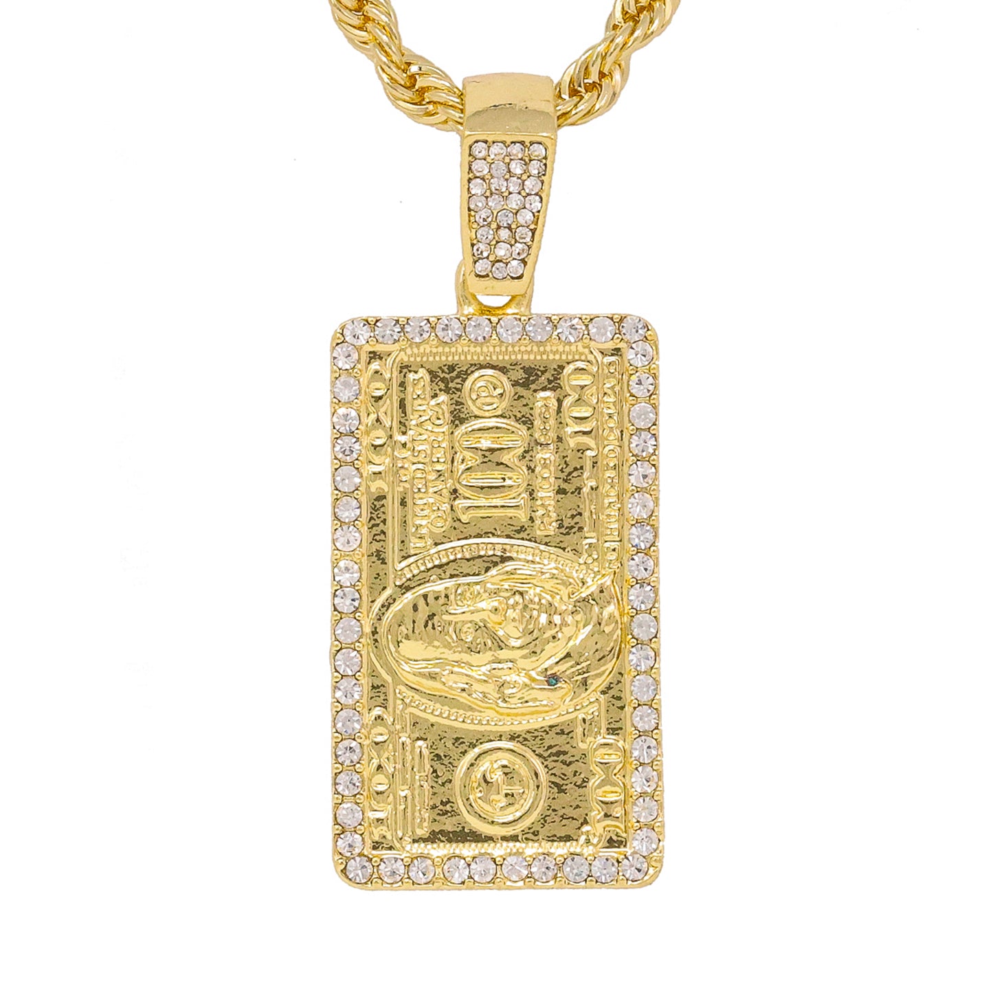 Iced Medium $100 Bill Pendant with 4mm Rope Chain 24" - HC-1187