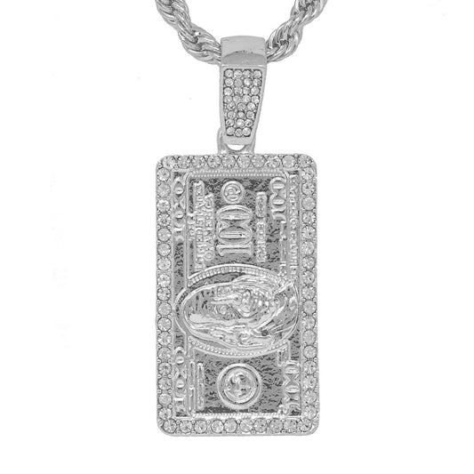 Iced Medium $100 Bill Pendant with 4mm Rope Chain 24" - HC-1187