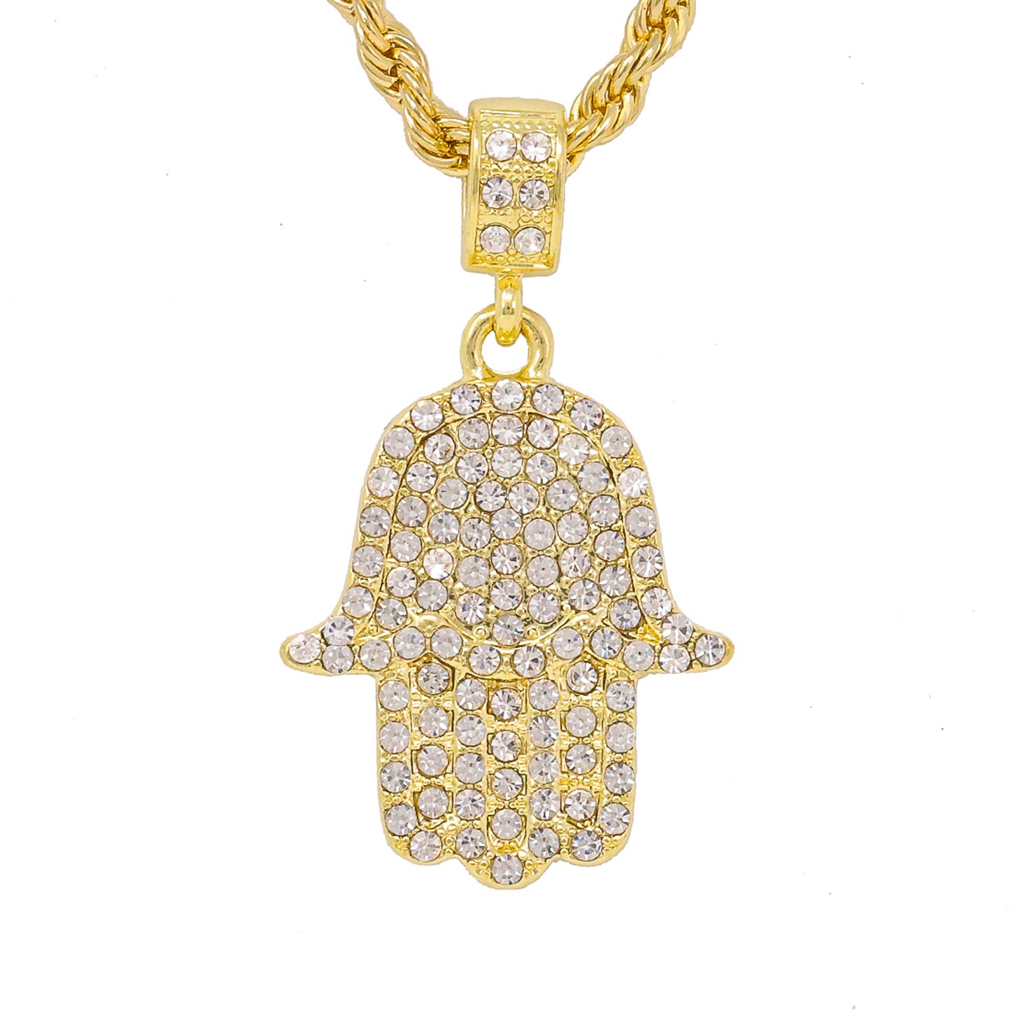 Iced Medium Hamsa Pendant with 4mm Rope Chain 24" - HC-1189