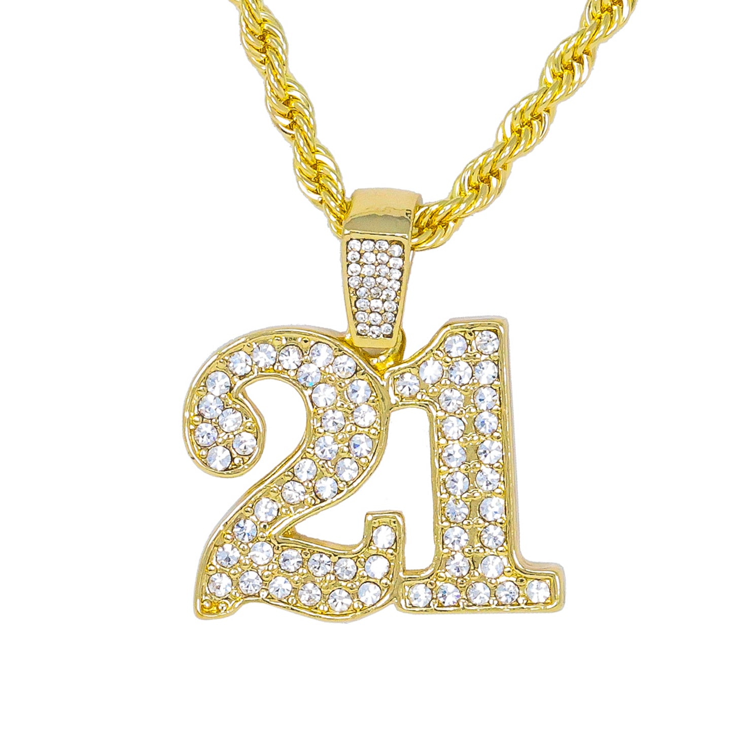 Iced Medium 21 Pendant with 4mm Rope Chain 24" - HC-1197*