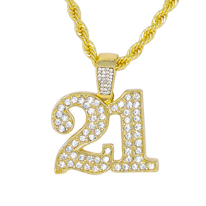 Iced Medium 21 Pendant with 4mm Rope Chain 24" - HC-1197*