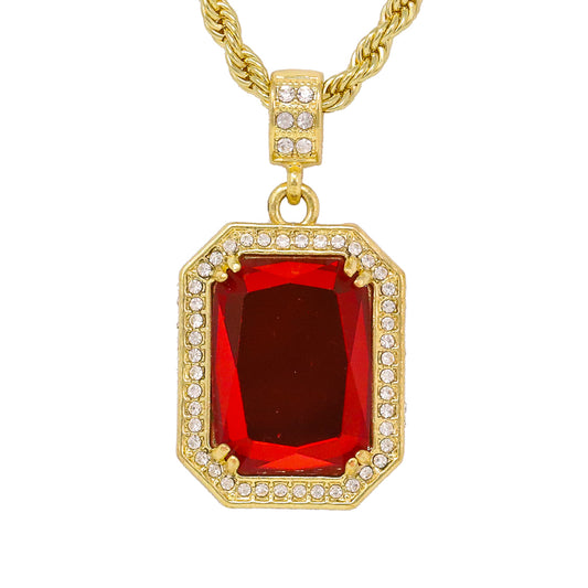 Iced Medium Ruby Stone Pendant with 4mm Rope Chain 24" - HC-1201*