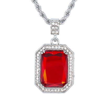 Iced Medium Ruby Stone Pendant with 4mm Rope Chain 24" - HC-1201*