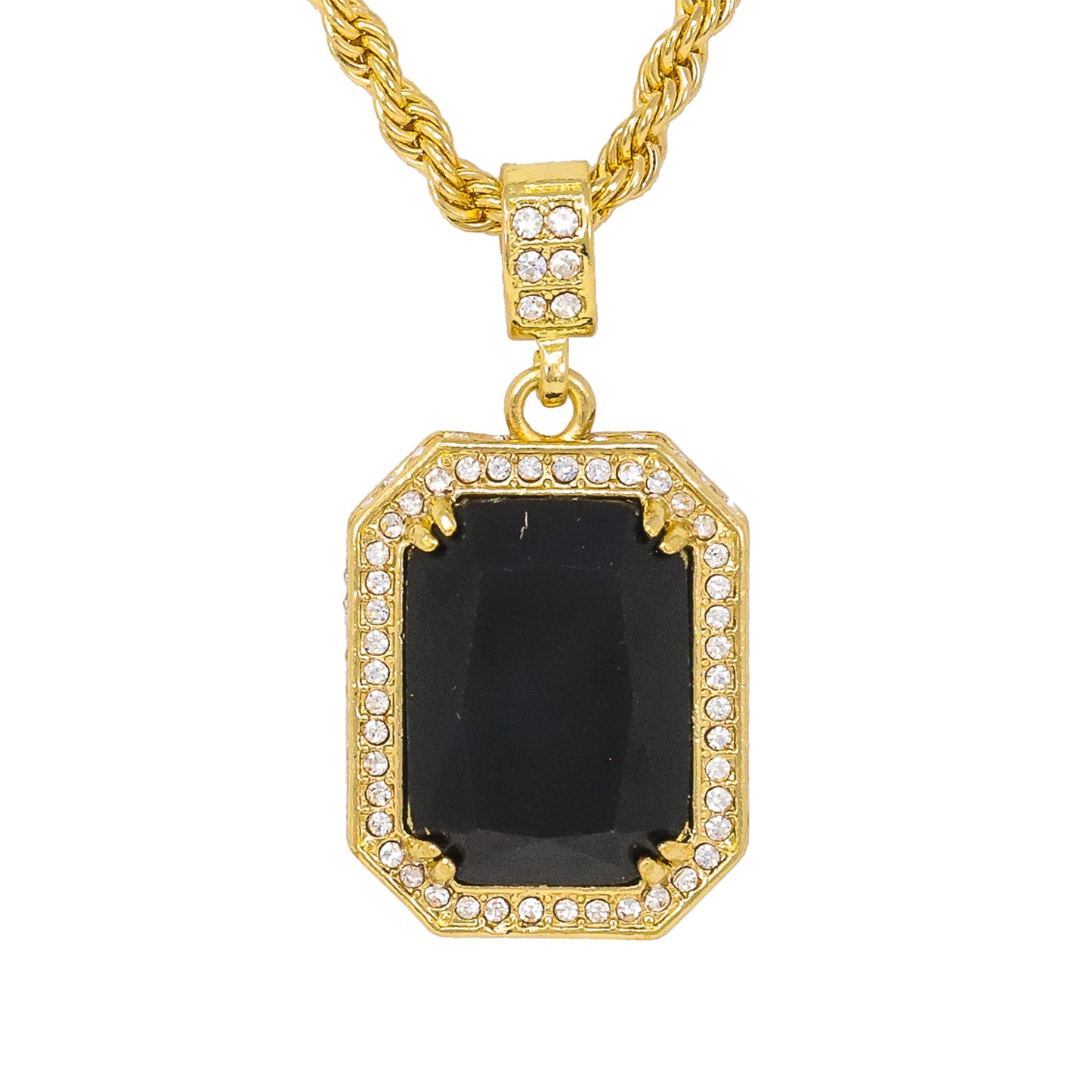 Iced Medium Black Stone Pendant with 4mm Rope Chain 24" - HC-1202*