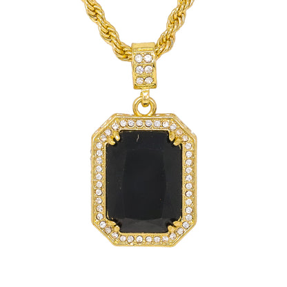 Iced Medium Black Stone Pendant with 4mm Rope Chain 24" - HC-1202*