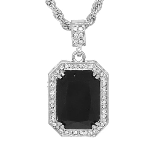 Iced Medium Black Stone Pendant with 4mm Rope Chain 24" - HC-1202*