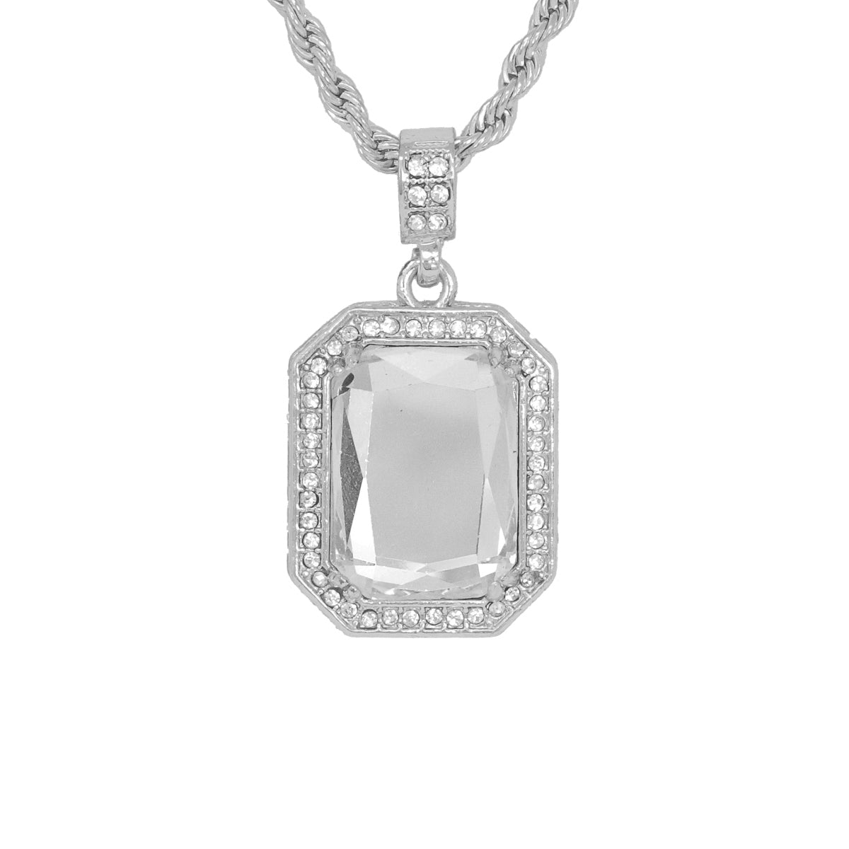 Iced Medium White Stone Pendant with 4mm Rope Chain 24" - HC-1203*