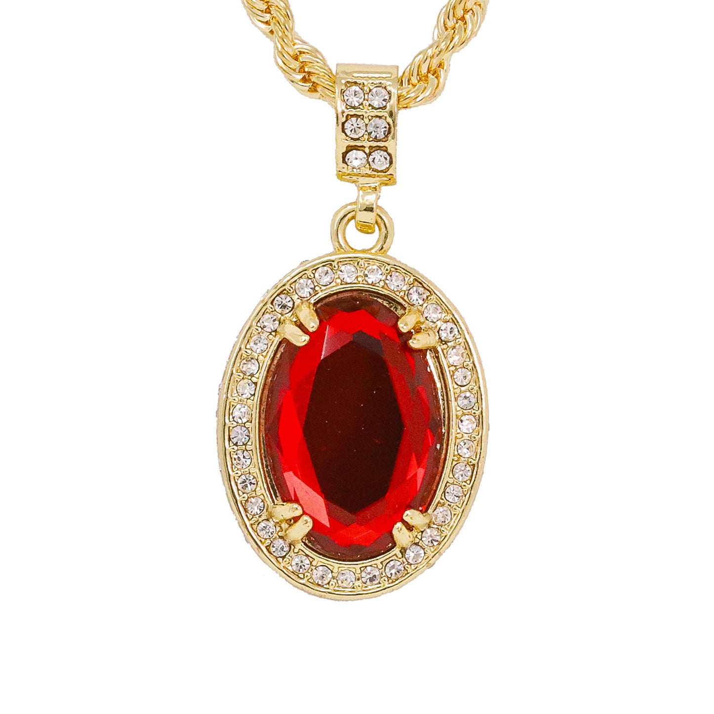 Iced Medium Ruby Stone Pendant with 4mm Rope Chain 24" - HC-1204*