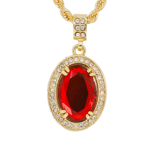 Iced Medium Ruby Stone Pendant with 4mm Rope Chain 24" - HC-1204*