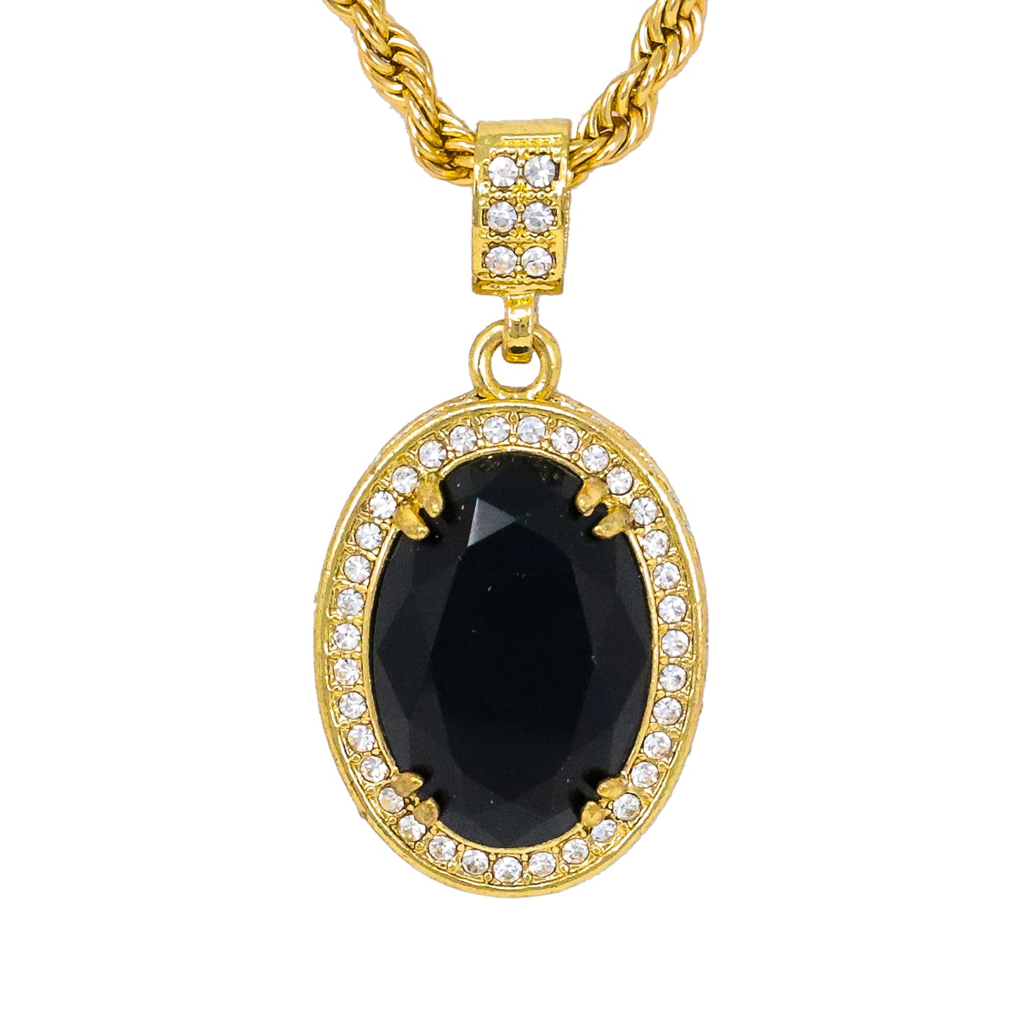 Iced Medium Black Stone Pendant with 4mm Rope Chain 24" - HC-1205*
