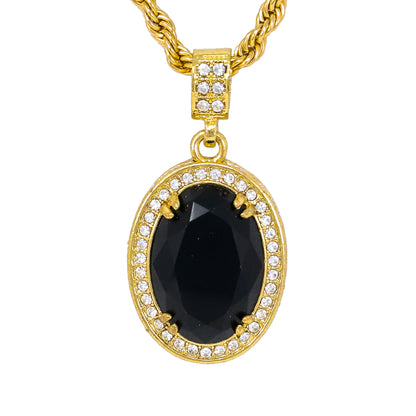 Iced Medium Black Stone Pendant with 4mm Rope Chain 24" - HC-1205*